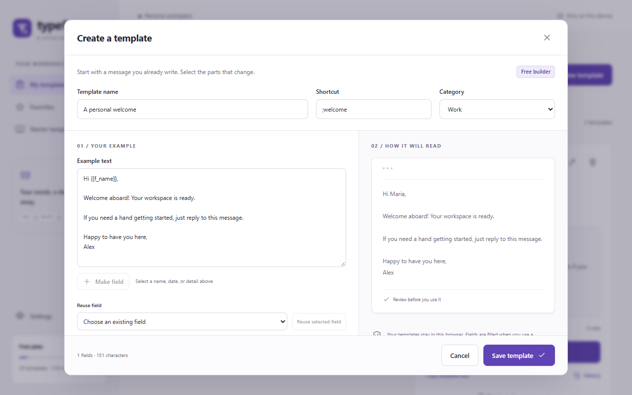 TypeFlow visual builder with a Name field created from example text and a live message preview